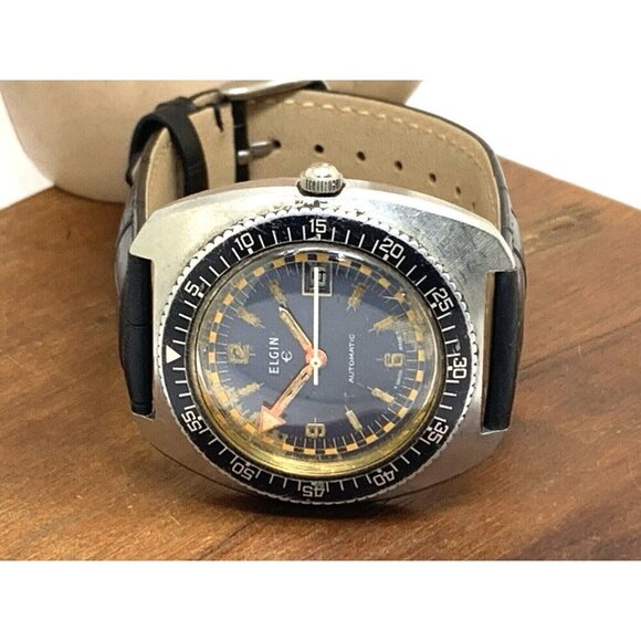Elgin Mens Watch Diver Swiss Automatic Vintage Black Dial Date Leather Band 42mm - Picture 9 of 15